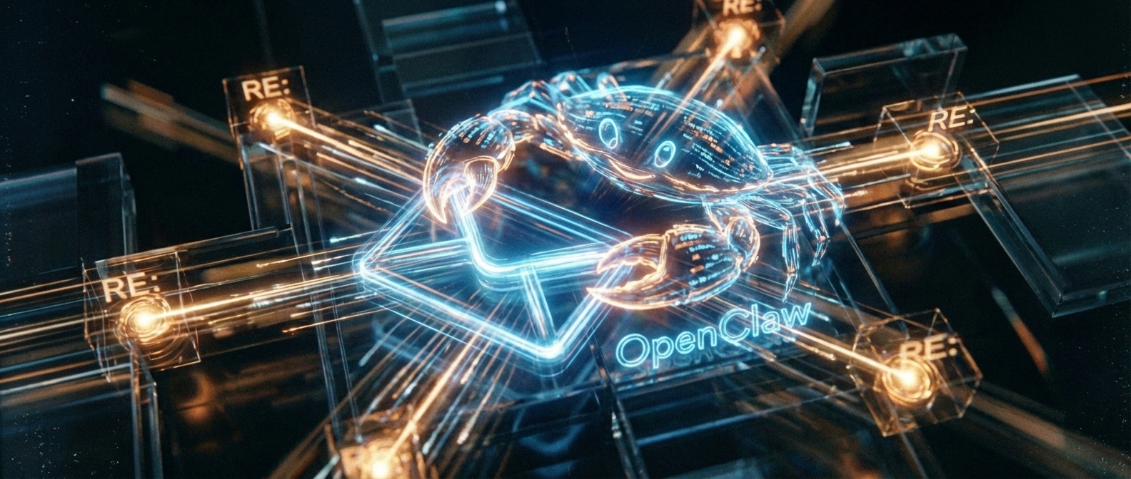 Abstract photograph illustrating an OpenClaw agent at the center of email flows.